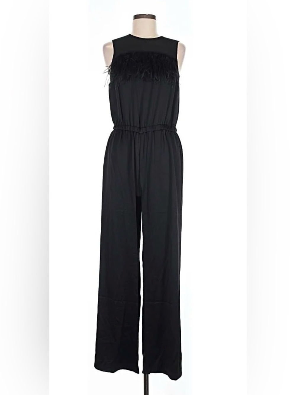 Michael Kors Black Sleeveless Wide-Leg Jumpsuit with Feather Trim